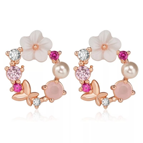 Diamond flower pearl bouquet w rose gold butterfly - Picture 1 of 4